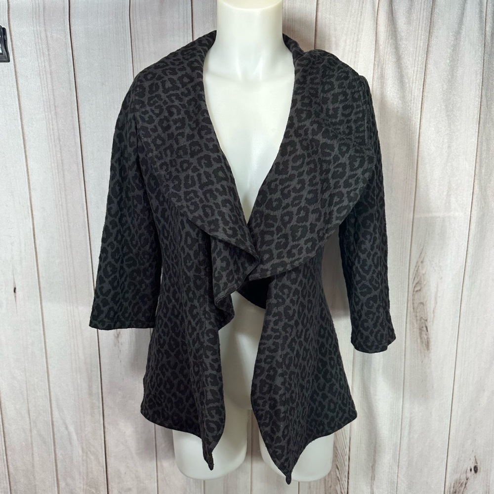 CALVIN KLEIN Size 2 Flutter Open Front Cardigan Blazer Leopard Print Black Grey